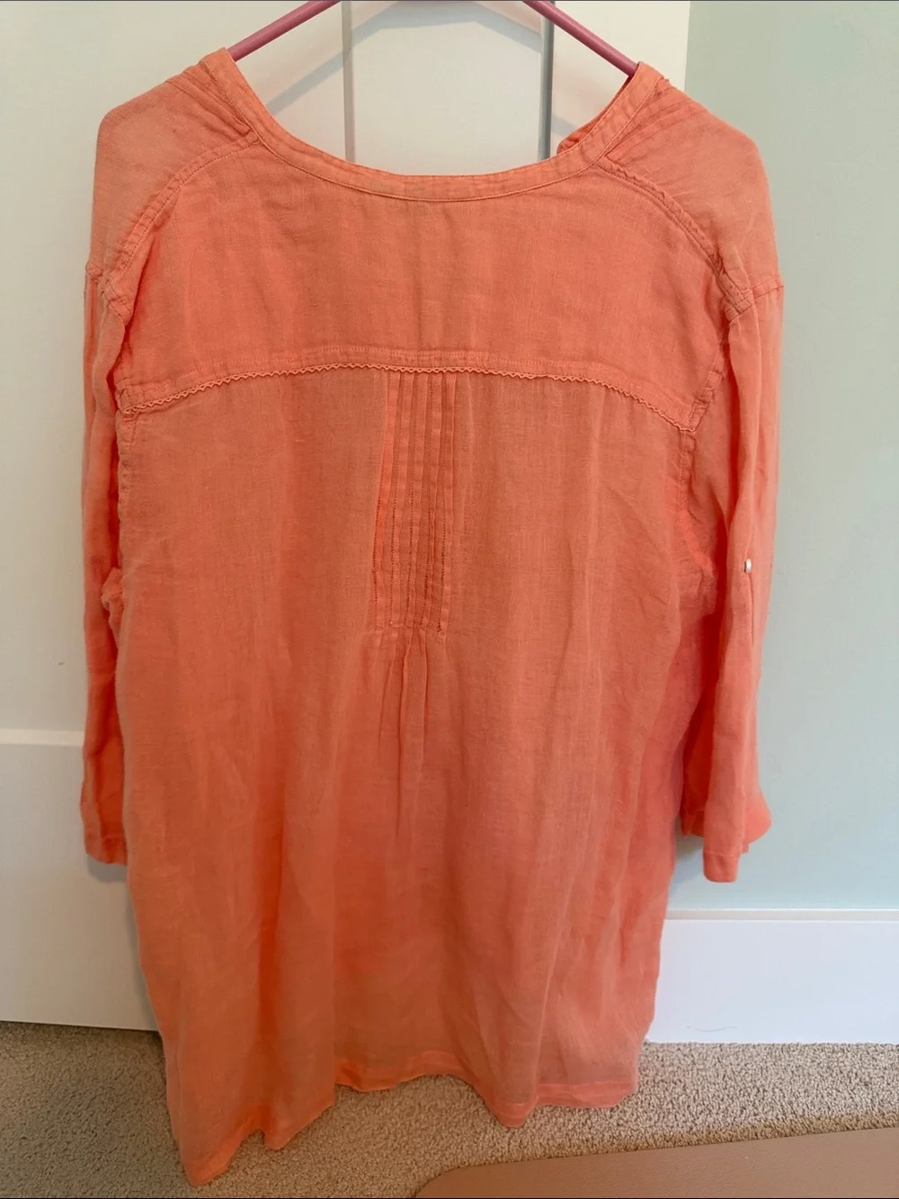 3 Tommy Bahama Linen Button Down Blouses with Ruffle Detail Aqua Coral and Tan - Picture 6 of 15